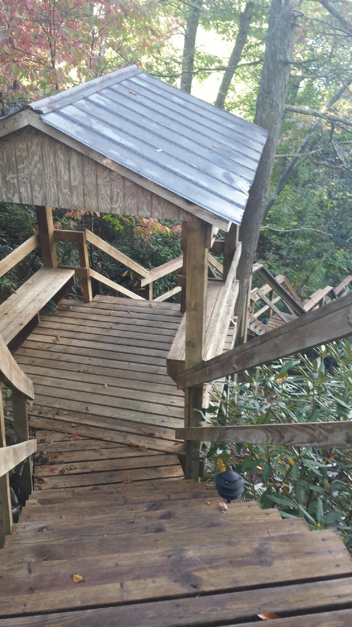 Metal roofed shelter over wooden steps on a wooded walkway — Skylight Repair & Installation work by our crew in Tennessee Ridge